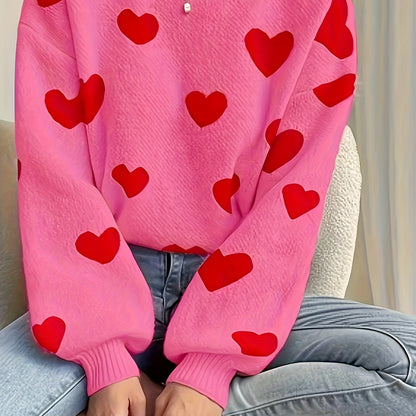 Maglione da donna lavorato a maglia, vestibilità morbida, motivo a cuore, girocollo, bianco e beige