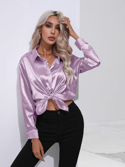 Damen Satinbluse im Cardigan-Stil – Elegante Bluse für Büro, Alltag & Feste
