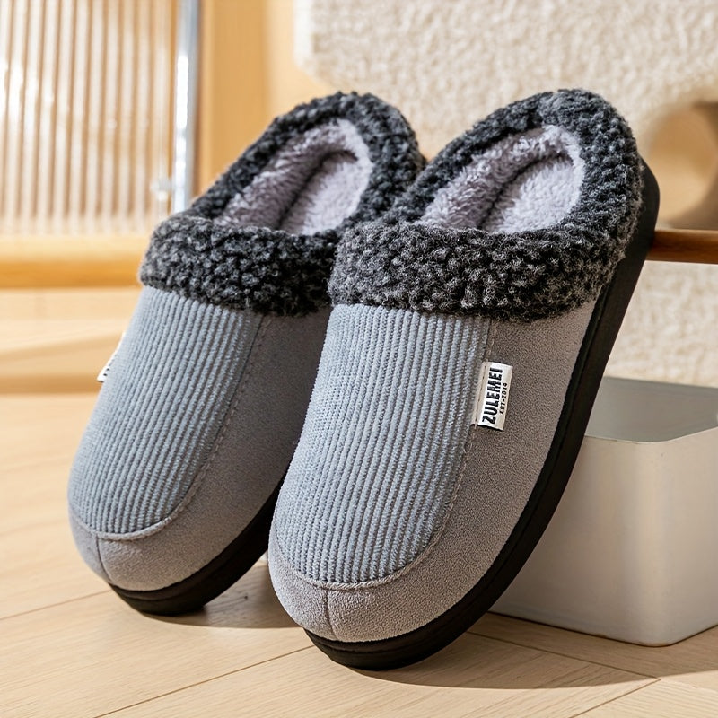 Unisex winterslippers grijs, geribbeld, met pluche voering en stevige zool