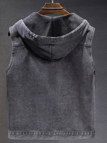 Chaqueta vaquera de hombre sin mangas con capucha, cremallera y efecto desgastado