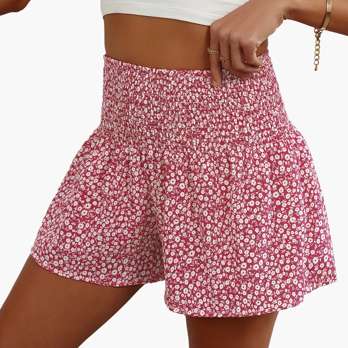 Dame sommershorts med blomsterprint og smock-midje – fritid og ferie