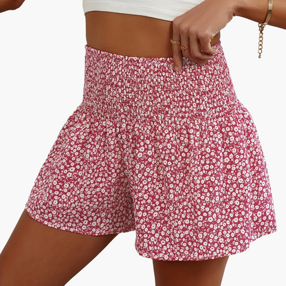 Dame sommershorts med blomsterprint og smock-midje – fritid og ferie