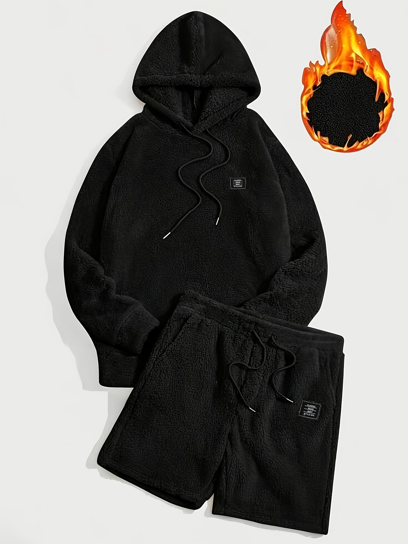 Unisex teddyfleece hoodie- en shortset met capuchon en trekkoord