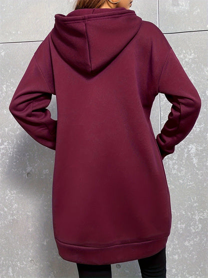 Damen Hoodie-Kleid Schwarz Langarm Kapuzenpullover Tunika Kängurutasche