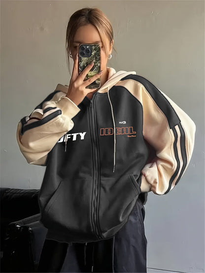 Kapuzenjacke Damen Reißverschluss Zweifarbig Rot Apricot Streifen Oversize