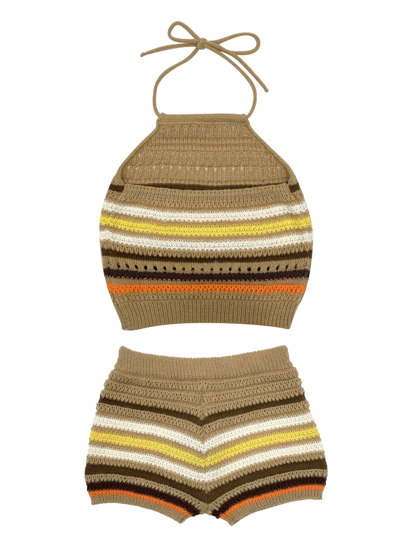 Dame Y2K strikkesett med halterneck og fargerike striper – moteriktig sommerantrekk