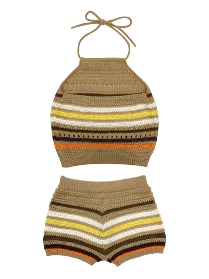 Dame Y2K strikkesett med halterneck og fargerike striper – moteriktig sommerantrekk