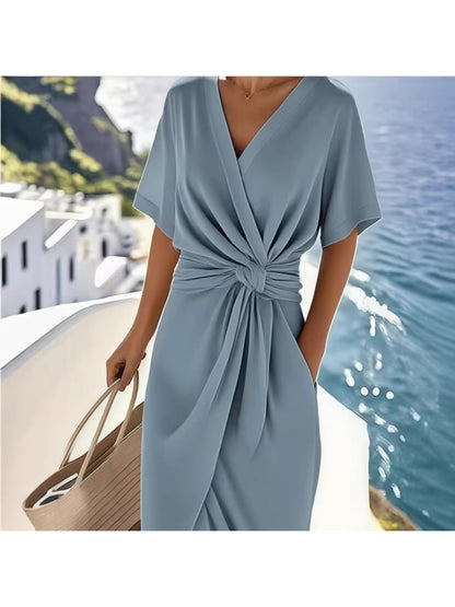 Damen Vintage Wickelkleid mit Knoten-Detail und V-Ausschnitt – Elegantes Sommerkleid für Urlaub und Freizeit
