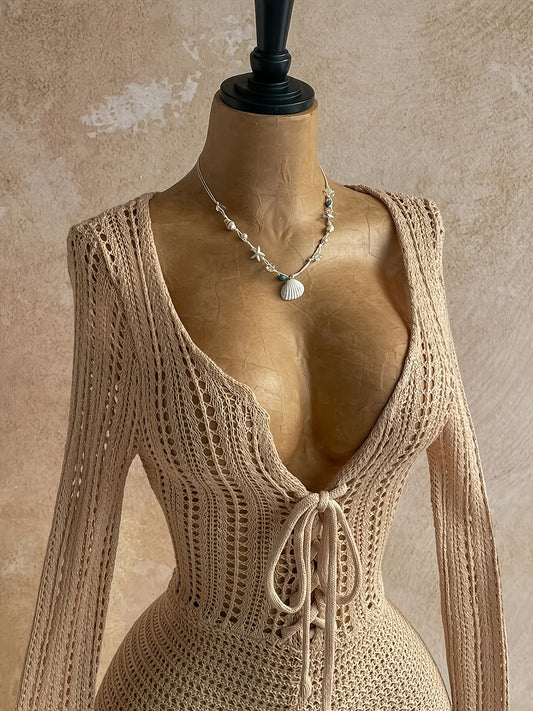 Mono bohemio de punto y crochet para mujer con cordones y escote pronunciado – Perfecto para vacaciones en la playa o eventos de verano