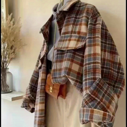 Shacket oversize da donna a quadri beige, blu e marrone