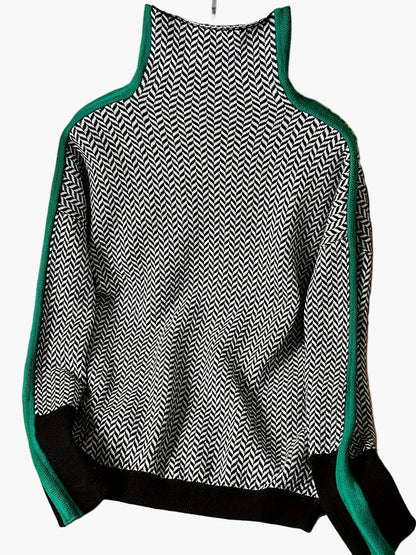 Dam Elegant patchwork stickad tröja med ståkrage – Moderiktig höst/vinter vardagslook