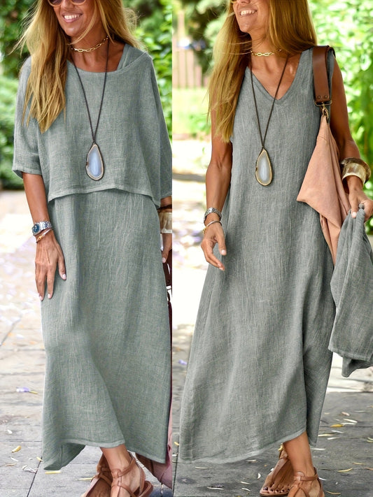 Dames Tweedelig Maxijurk Set – Casual Zomerjurk met Overslag, Elegante Vrijetijdsstijl