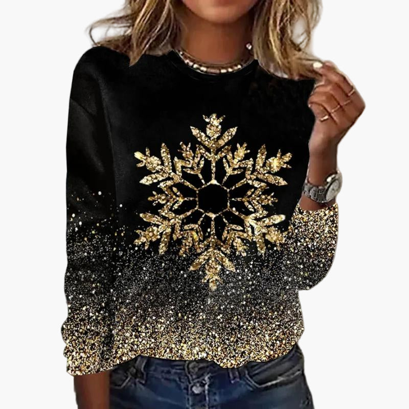 Sudadera brillante para mujer con estampado de copos de nieve – Prenda de fiesta y tiempo libre a la moda