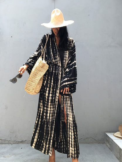 Dame maxikjole kimono-stil for ferie og strand, elegant overtrekksdesign