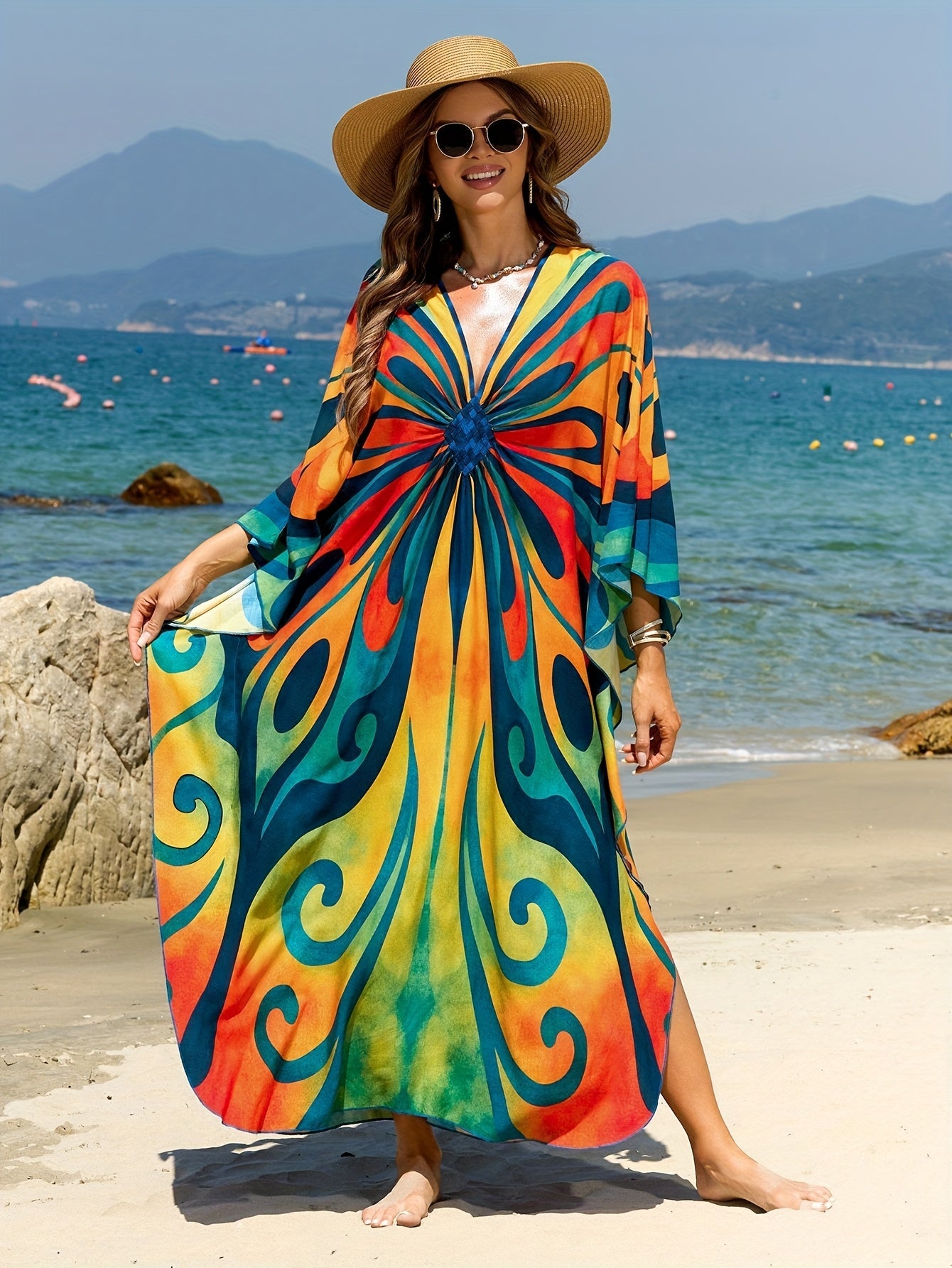 Dame Boho Maxi-kaftan til strand og ferie – Elegant batikprint, sommer cover-up