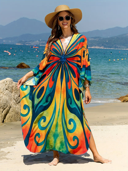 Dame Boho Maxi-kaftan til strand og ferie – Elegant batikprint, sommer cover-up