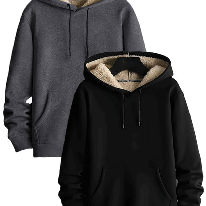Pack de dos sudaderas con capucha forradas, en colores lisos y con bolsillo canguro – conjunto de sudaderas cálido