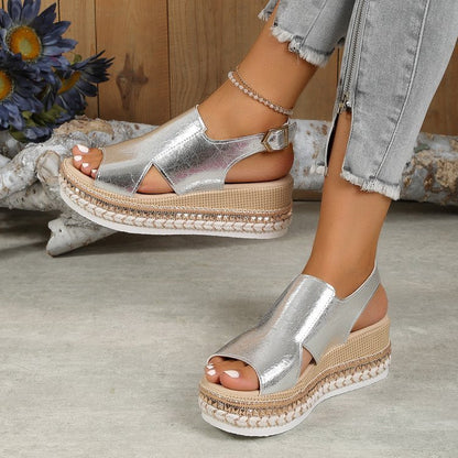 Anne – Sandalias brillantes para mujer con diseño de agujeros y punta de boca de pez