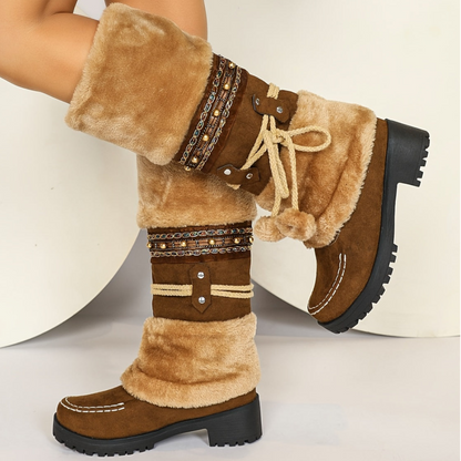 Damen Winterstiefel mit Kunstfell und Zierbändern, warmer gefütterter Schaft