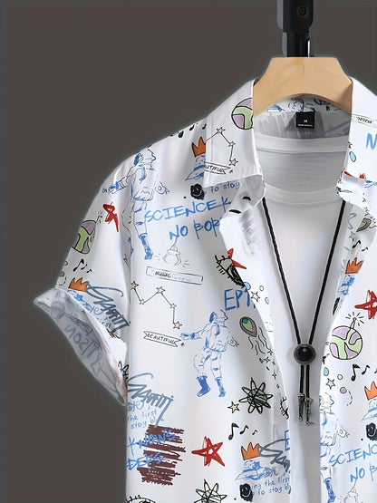 Herrens kortärmade fritidsskjorta med graffiti-tryck – urban streetwear-stil