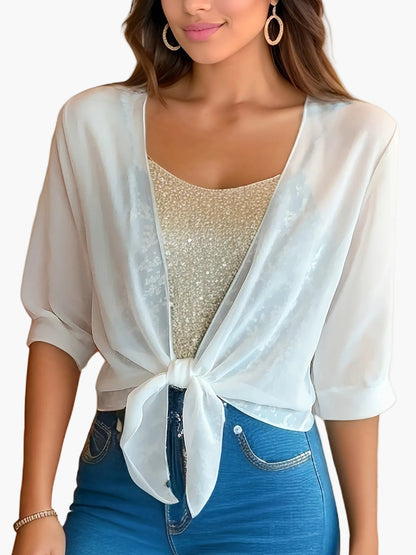 Damesblouse met strik en korte mouwen – Modieuze korte blouse voor lente & zomer
