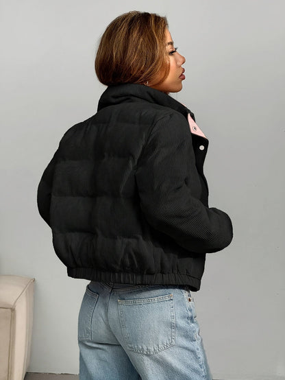 Cord Steppjacke Beige mit Rosa Kragen Damen Kurz