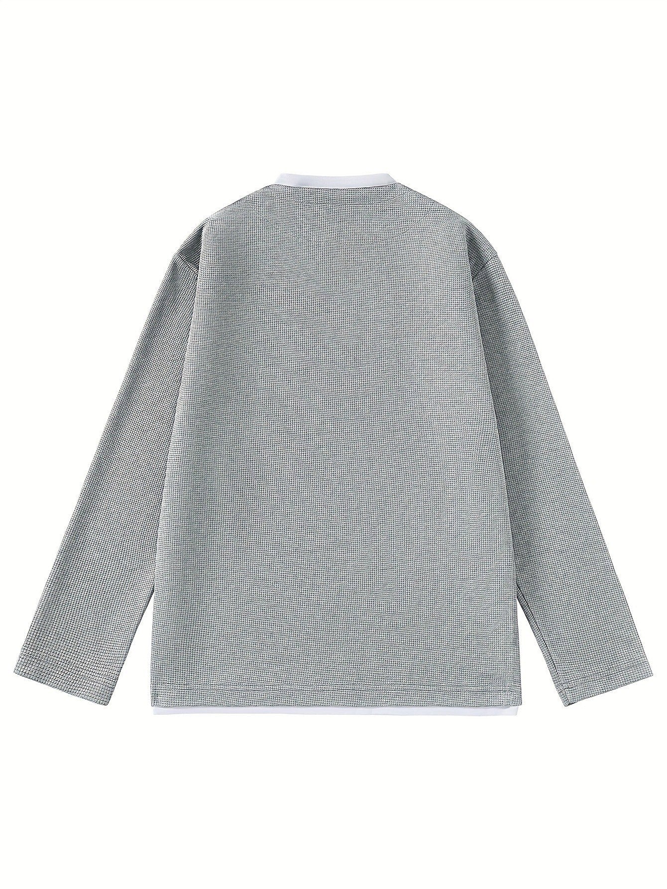 Suéter de punto de gofre para hombre, con escote en V, mangas largas y color liso