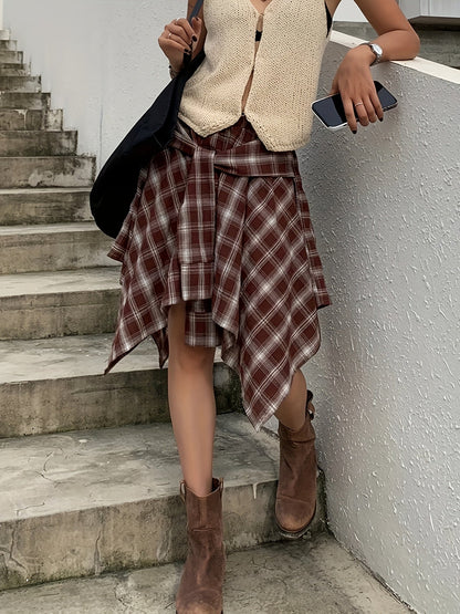 Gonna asimmetrica a quadri da donna in stile camicia per streetwear e tempo libero