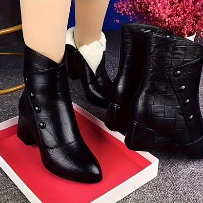 Damen Stiefelette Schwarz mit Karomuster und Knöpfen