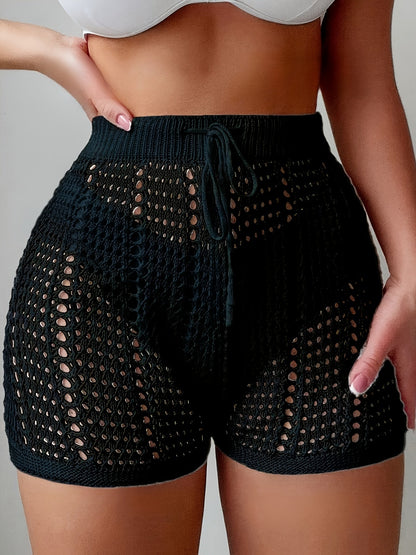 Shorts de crochet para mujer con estilo playero, cintura alta y cinturilla ajustable – Moda en malla para vacaciones, playa y piscina