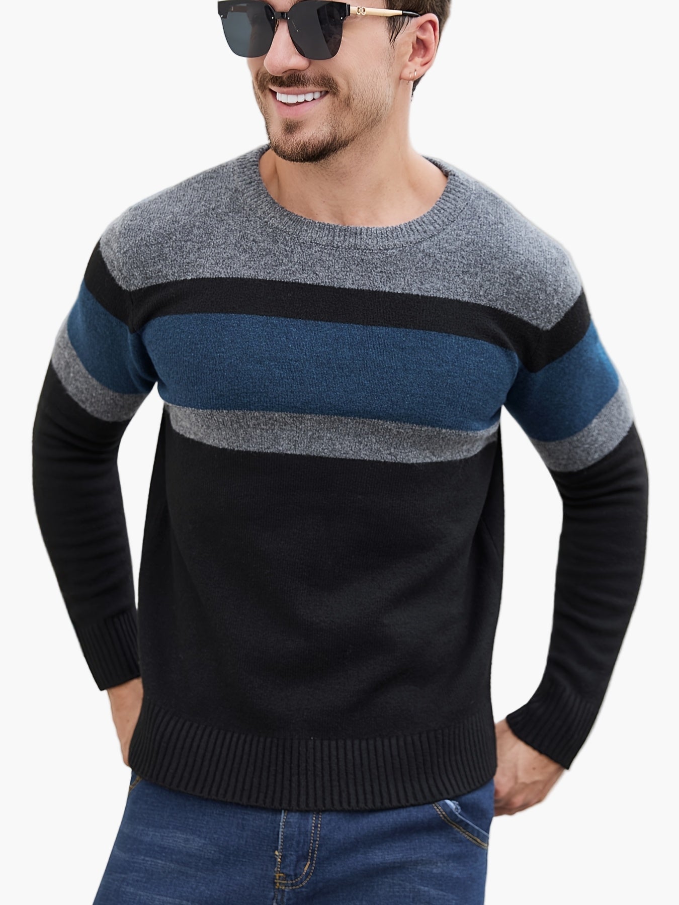Jersey de punto para hombre con patrón de rayas – Jersey casual a la moda para otoño e invierno