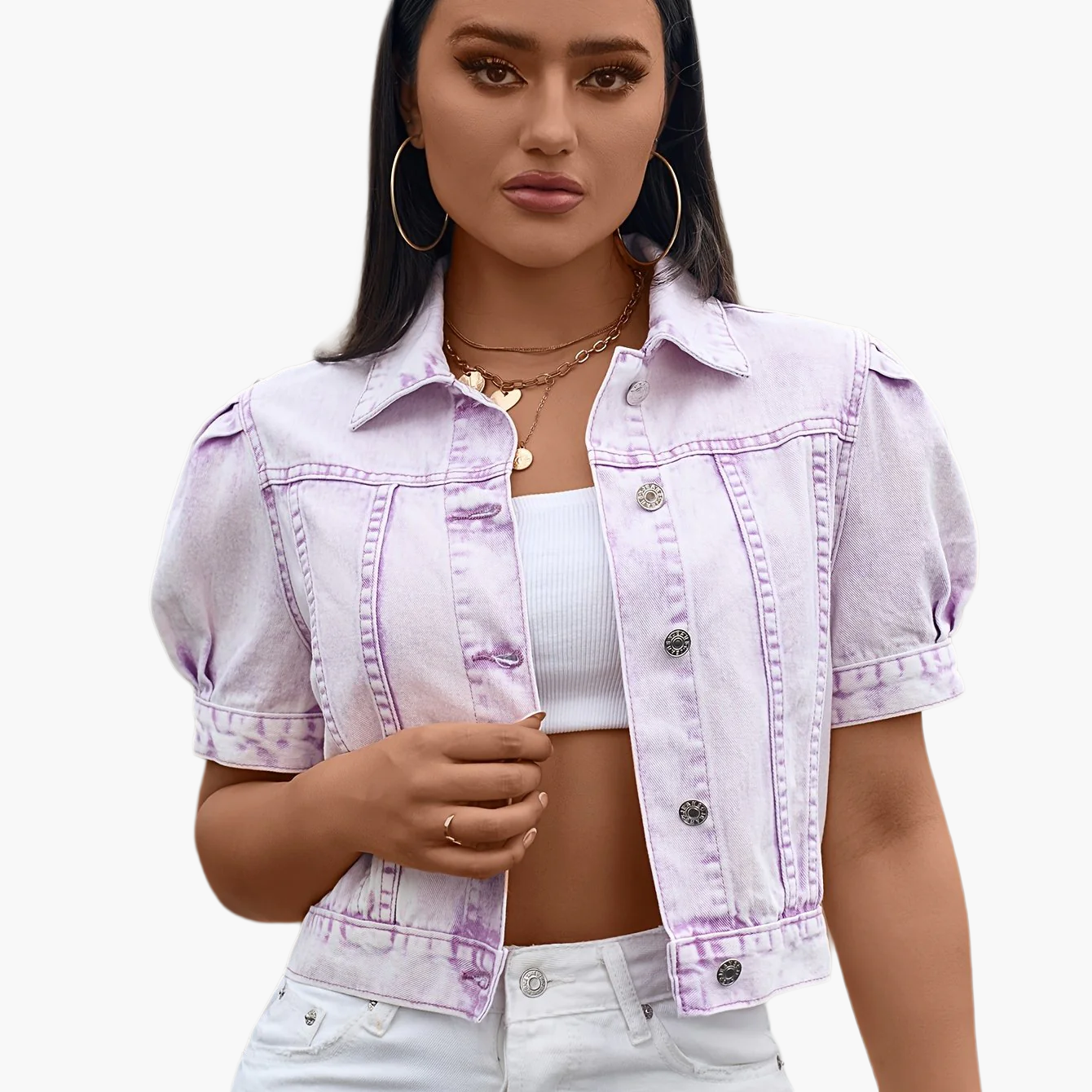 Giacca di jeans da donna a manica corta in stile cropped di tendenza – Look alla moda per tempo libero e vita quotidiana