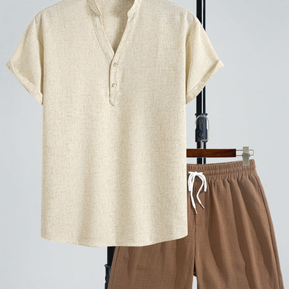 Herren Freizeit Zweiteiler Set Modern – Kurzarm Henley Shirt & Shorts für Sommer und Urlaub