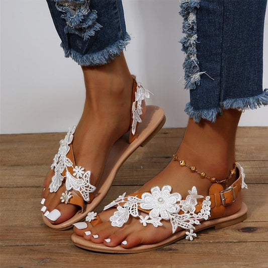 Dames Boho Sandalen met Bloemenapplicatie en Enkelriem – Zomerse Teenslippers voor Vrije Tijd & Vakantie