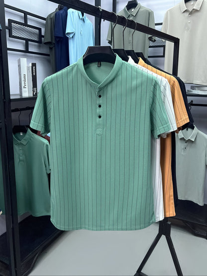 Męska koszula z krótkim rękawem, stójką i prążkami do stylizacji smart casual