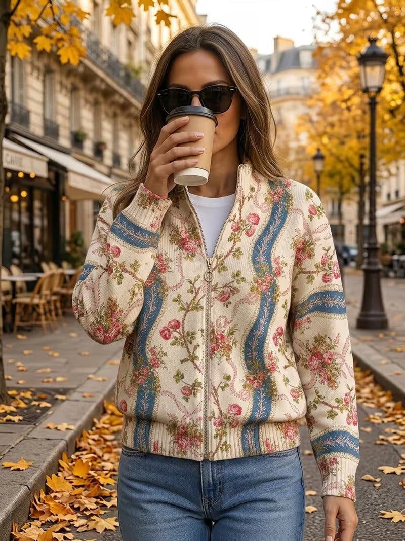 Eulalia | Ribgebreid vest voor dames met klimrozenmotief en zakken