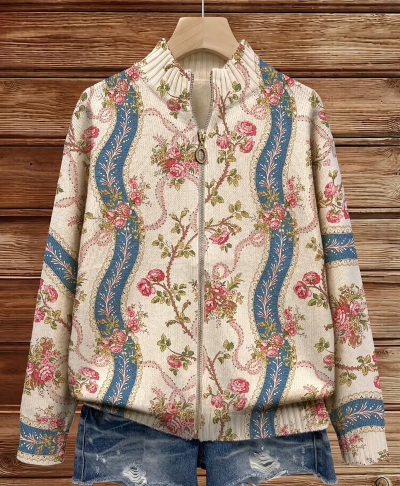Eulalia | Ribgebreid vest voor dames met klimrozenmotief en zakken