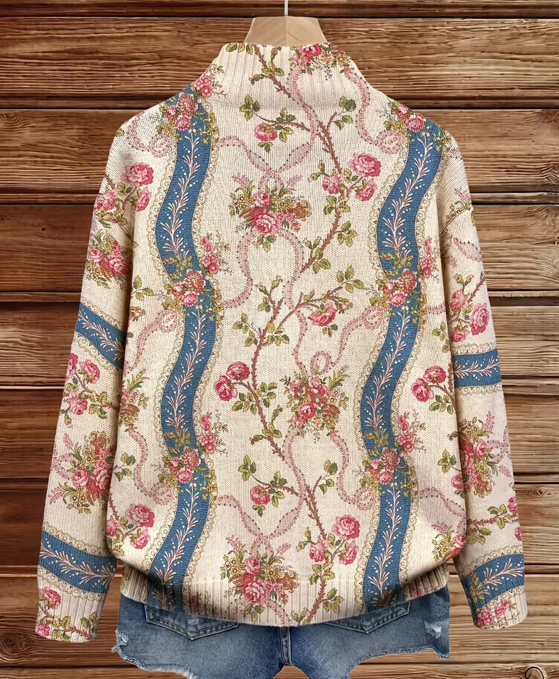 Eulalia | Ribgebreid vest voor dames met klimrozenmotief en zakken