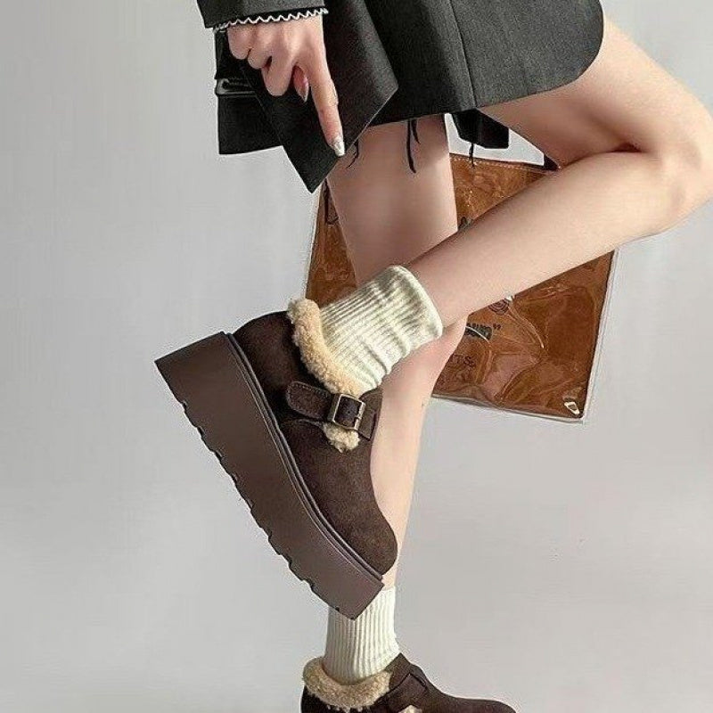 Damen Plateauschuhe Chunky mit Schnalle und Teddyfutter Braun
