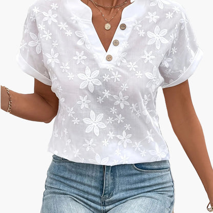 Damen Bluse Elegant Halbtransparent Blumenstickerei Kurzarm Sommer Freizeit