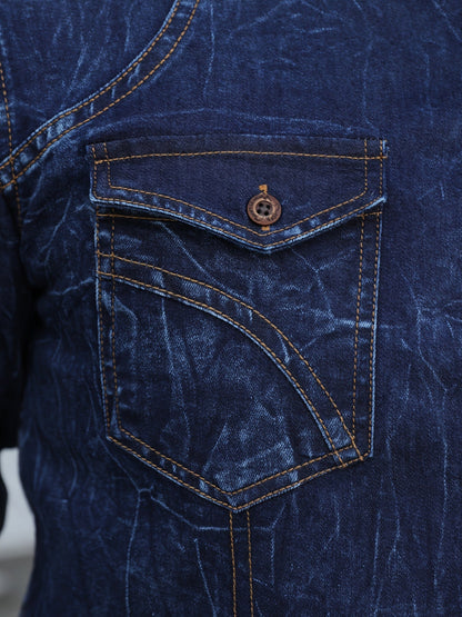 Herenoverhemd met lange mouwen, blauw, used-look, met borstzakken