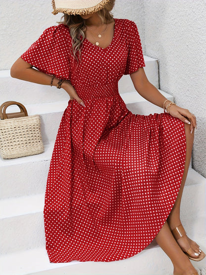 Robe décontractée à pois pour femme avec col en V et manches courtes – Élégante robe longue pour le printemps et l'été