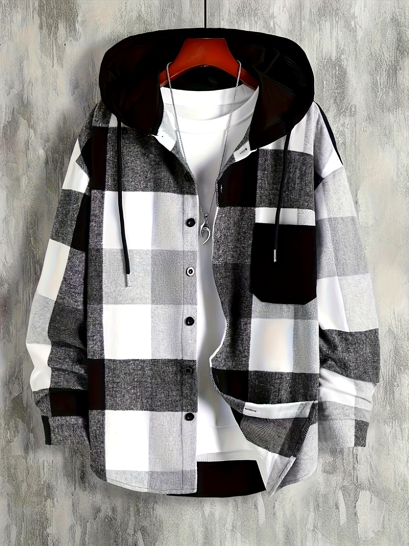 Camicia-giacca da uomo con cappuccio a quadri, nera e bianca, oversize