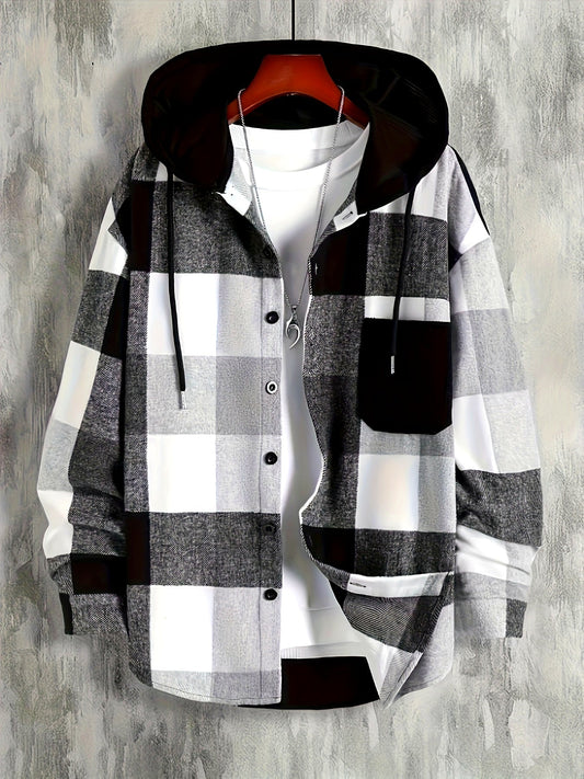 Herren Kariertes Kapuzenhemd Jacke Schwarz Weiß Oversize
