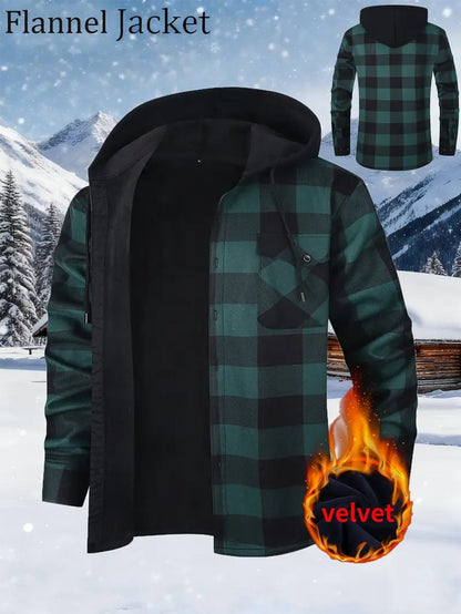 Giacca-camicia da uomo a quadri con cappuccio, imbottita e calda