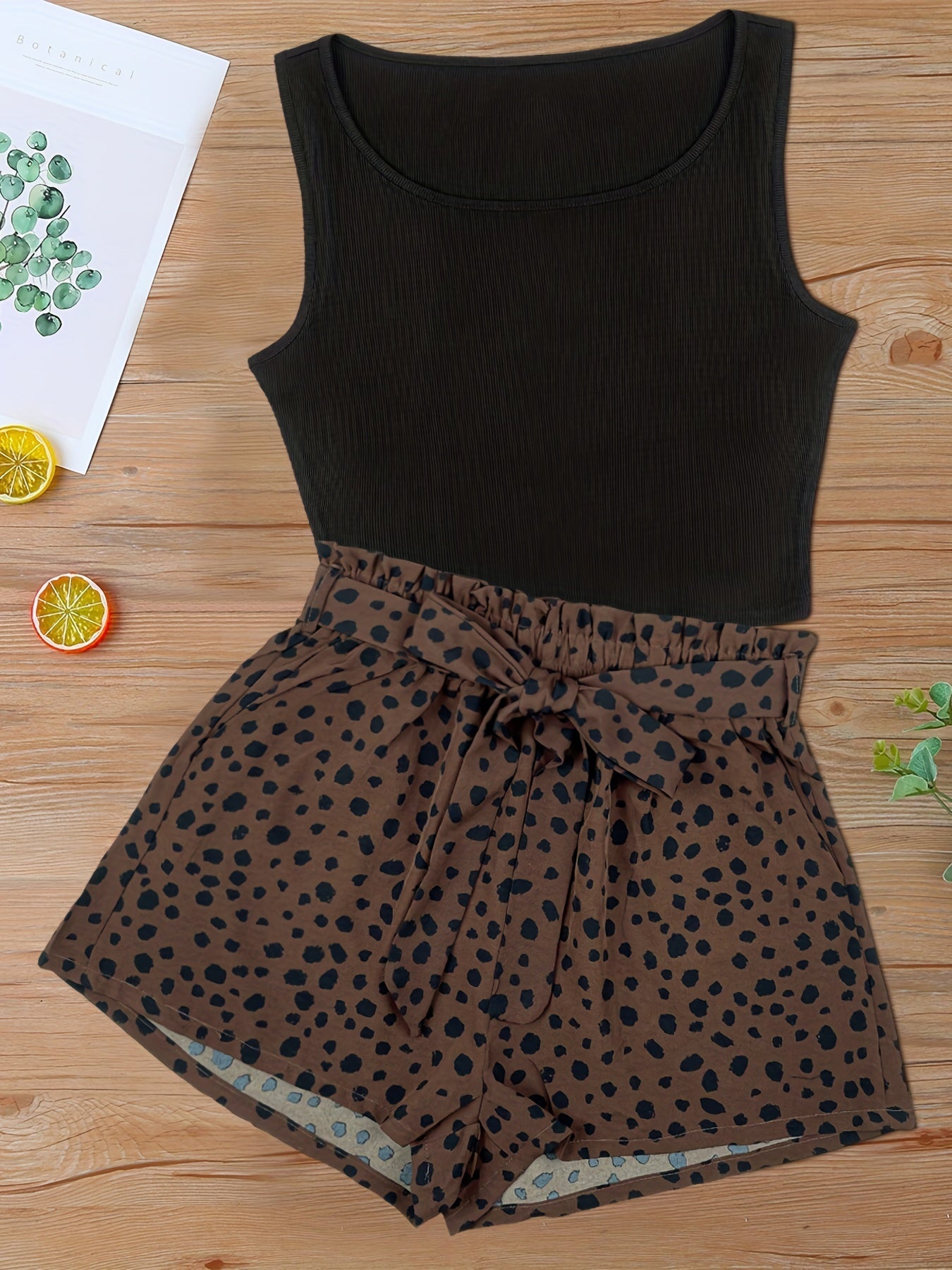Dame elegant sommersett med ermeløs topp og prikkete shorts – moteriktig fritidslook