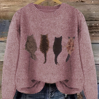 Damen Strickpullover mit Rundhalsausschnitt und Katzen-Print