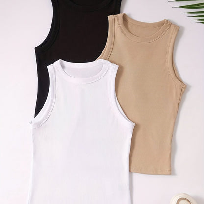 Damskie sportowe basic tank topy w zestawie 3 sztuk – bezrękawniki, wygodne koszulki na co dzień z okrągłym dekoltem