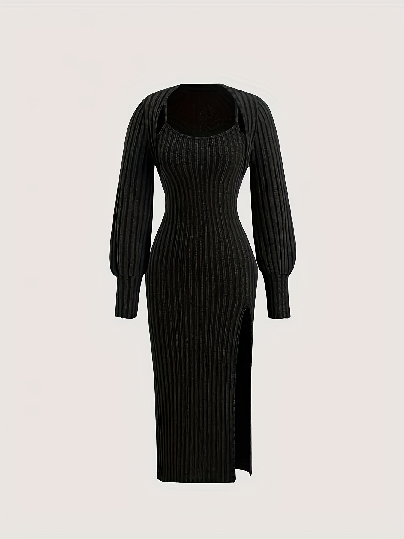 Damen Geripptes Midikleid mit Spaghettiträgern und Kurzpullover-Set