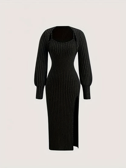 Damen Geripptes Midikleid mit Spaghettiträgern und Kurzpullover-Set